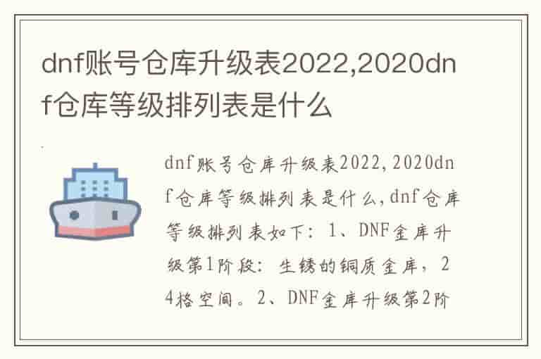 dnf账号仓库升级表2023,2023dnf仓库等级排列表是什么