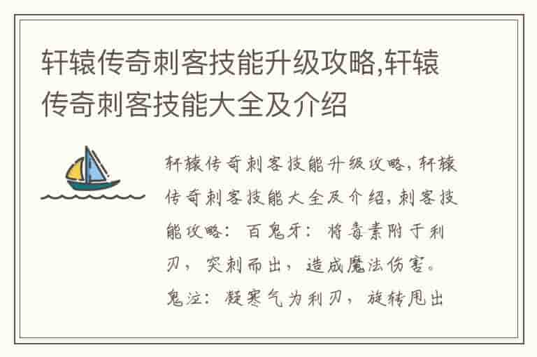 轩辕传奇刺客技能升级攻略,轩辕传奇刺客技能大全及介绍
