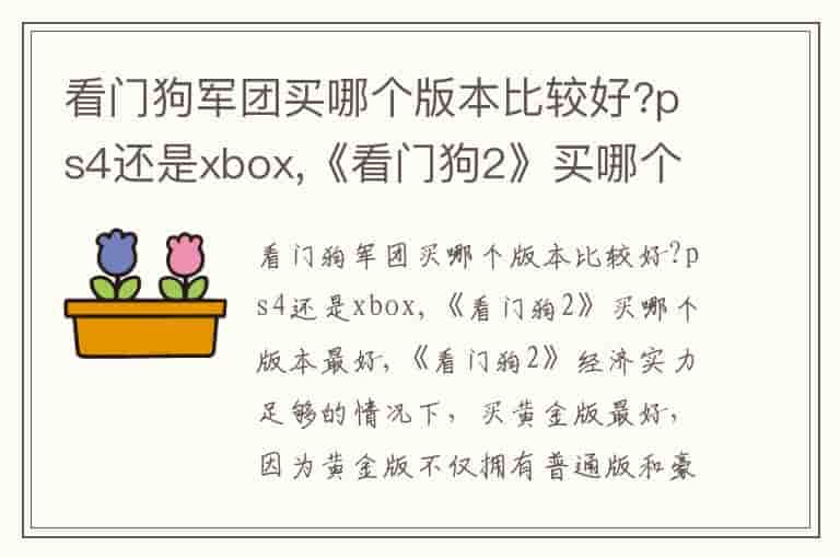 看门狗军团买哪个版本比较好?ps4还是xbox,《看门狗2》买哪个版本最好