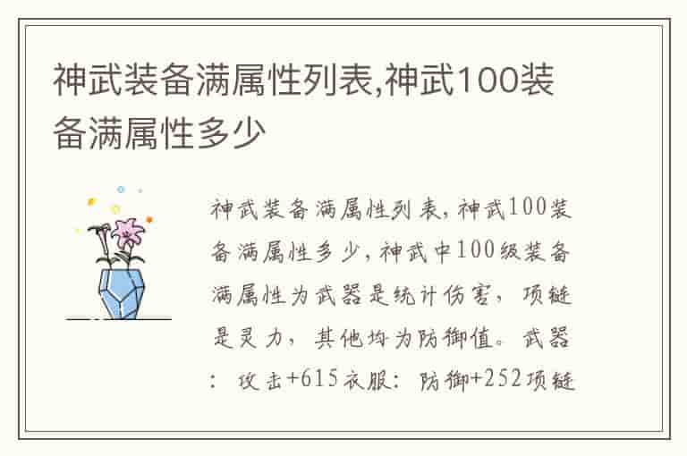 神武装备满属性列表,神武100装备满属性多少