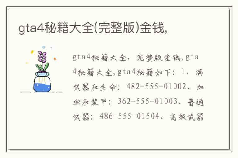 gta4秘籍大全(完整版)金钱,