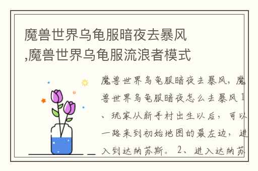 魔兽世界乌龟服暗夜去暴风,魔兽世界乌龟服流浪者模式怎么开