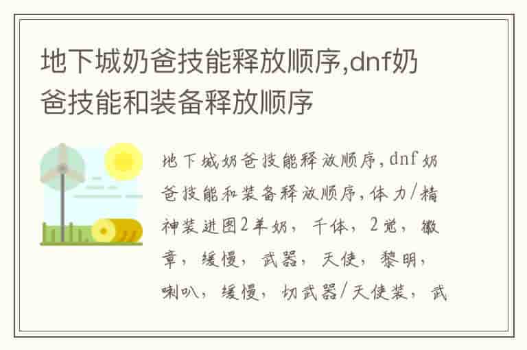地下城奶爸技能释放顺序,dnf奶爸技能和装备释放顺序
