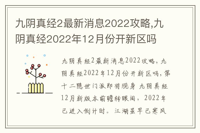 九阴真经2最新消息2022攻略,九阴真经2022年12月份开新区吗