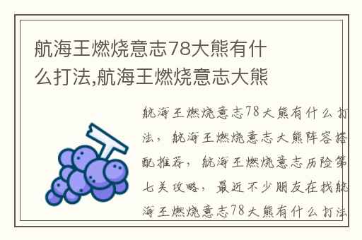 航海王燃烧意志78大熊有什么打法,航海王燃烧意志大熊阵容搭配推荐