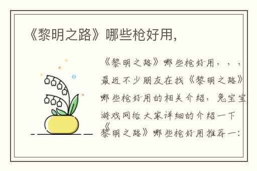 《黎明之路》哪些枪好用,