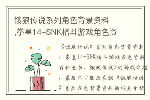 饿狼传说系列角色背景资料,拳皇14-SNK格斗游戏角色资料百科全书