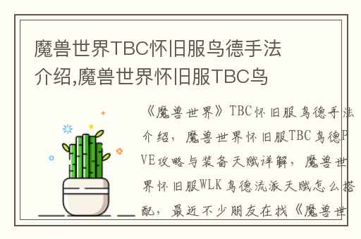魔兽世界TBC怀旧服鸟德手法介绍,魔兽世界怀旧服TBC鸟德PVE攻略与装备天赋详解