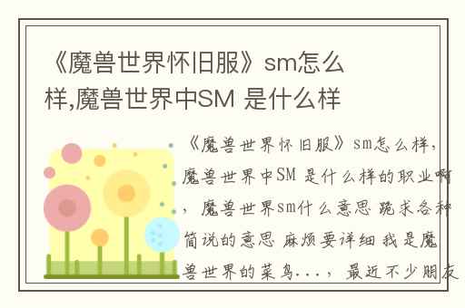 《魔兽世界怀旧服》sm怎么样,魔兽世界中SM 是什么样的职业啊