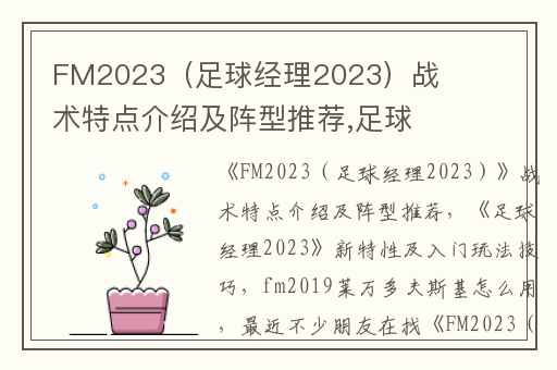 FM2023（足球经理2023）战术特点介绍及阵型推荐,足球经理2023新特性及入门玩法技巧