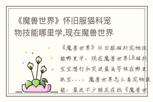 《魔兽世界》怀旧服猫科宠物技能哪里学,现在魔兽世界LR猫科宝宝潜行和突进最高等级在哪里抓宝...