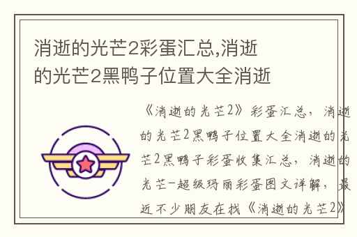 消逝的光芒2彩蛋汇总,消逝的光芒2黑鸭子位置大全消逝的光芒2黑鸭子彩蛋收集汇总