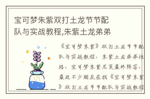 宝可梦朱紫双打土龙节节配队与实战教程,朱紫土龙弟弟性格