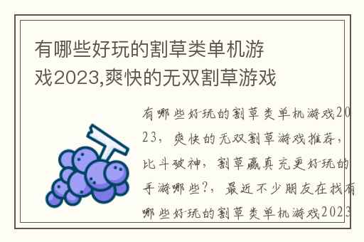 有哪些好玩的割草类单机游戏2023,爽快的无双割草游戏推荐