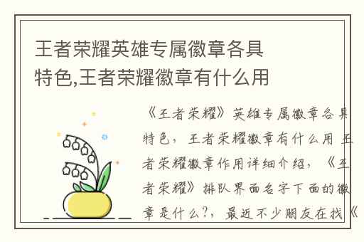 王者荣耀英雄专属徽章各具特色,王者荣耀徽章有什么用 王者荣耀徽章作用详细介绍