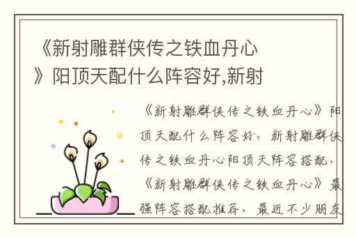 《新射雕群侠传之铁血丹心》阳顶天配什么阵容好,新射雕群侠传之铁血丹心阳顶天阵容搭配
