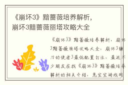 《崩坏3》黯蔷薇培养解析,崩坏3黯蔷薇丽塔攻略大全