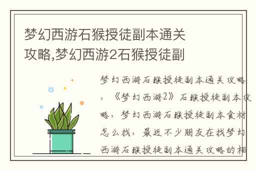 梦幻西游石猴授徒副本通关攻略,梦幻西游2石猴授徒副本攻略