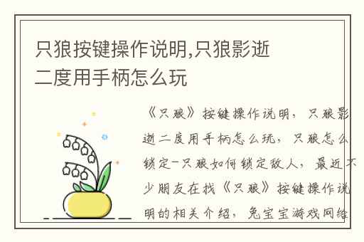 只狼按键操作说明,只狼影逝二度用手柄怎么玩