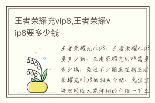 王者荣耀充vip8,王者荣耀vip8要多少钱