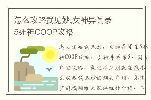 怎么攻略武见妙,女神异闻录5死神COOP攻略