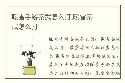 暖雪手游秦武怎么打,暖雪秦武怎么打