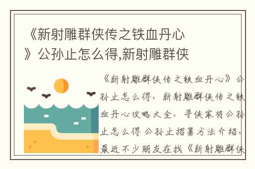 《新射雕群侠传之铁血丹心》公孙止怎么得,新射雕群侠传之铁血丹心攻略大全