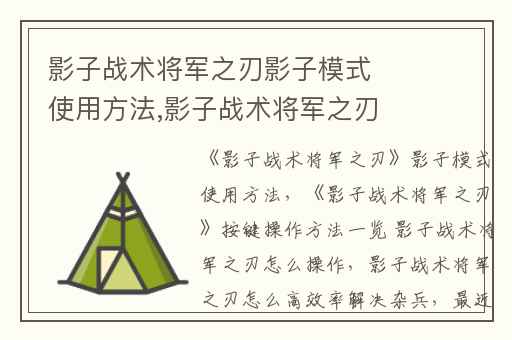 影子战术将军之刃影子模式使用方法,影子战术将军之刃按键操作方法一览 影子战术将军之刃怎么操作