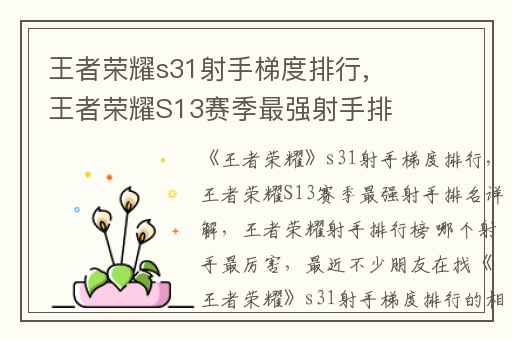 王者荣耀s31射手梯度排行,王者荣耀S13赛季最强射手排名详解
