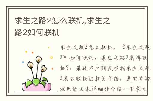 求生之路2怎么联机,求生之路2如何联机