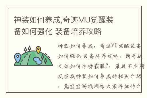 神装如何养成,奇迹MU觉醒装备如何强化 装备培养攻略