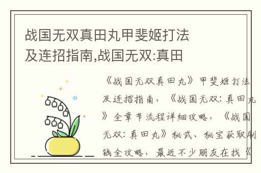 战国无双真田丸甲斐姬打法及连招指南,战国无双:真田丸全章节流程详细攻略