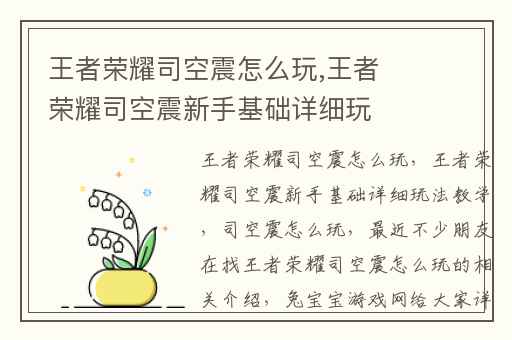 王者荣耀司空震怎么玩,王者荣耀司空震新手基础详细玩法教学