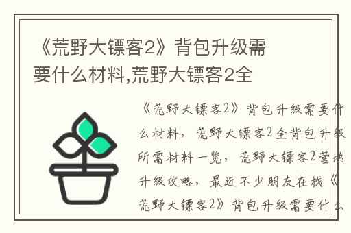 《荒野大镖客2》背包升级需要什么材料,荒野大镖客2全背包升级所需材料一览