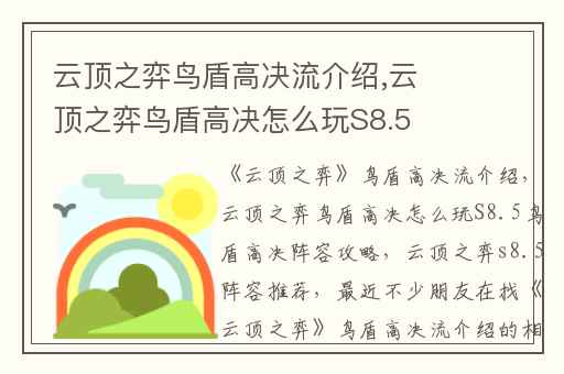 云顶之弈鸟盾高决流介绍,云顶之弈鸟盾高决怎么玩S8.5鸟盾高决阵容攻略