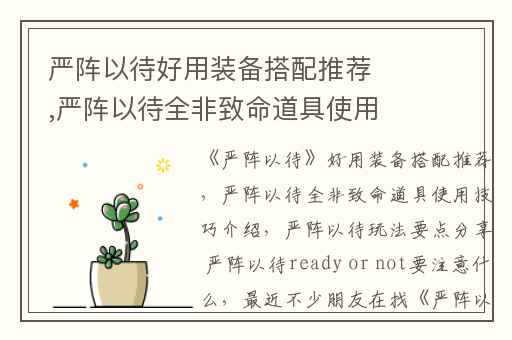 严阵以待好用装备搭配推荐,严阵以待全非致命道具使用技巧介绍