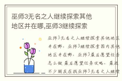 巫师3无名之人继续探索其他地区井在哪,巫师3继续探索园内其他地区井在哪