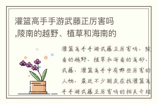 灌篮高手手游武藤正厉害吗,陵南的越野、植草和海南的高砂、武藤