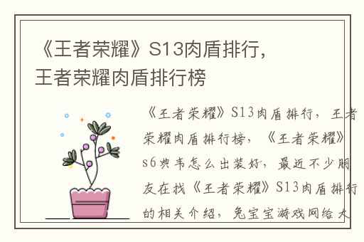 《王者荣耀》S13肉盾排行,王者荣耀肉盾排行榜