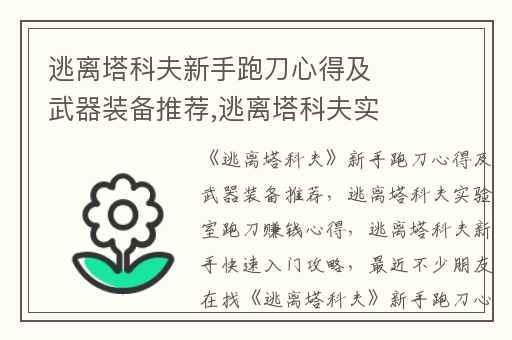逃离塔科夫新手跑刀心得及武器装备推荐,逃离塔科夫实验室跑刀赚钱心得