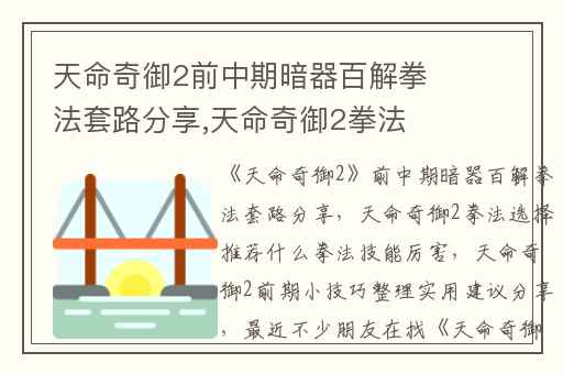 天命奇御2前中期暗器百解拳法套路分享,天命奇御2拳法选择推荐什么拳法技能厉害