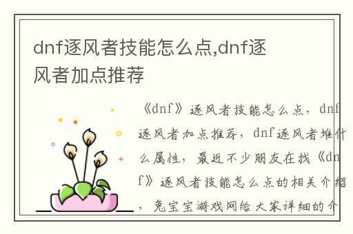 dnf逐风者技能怎么点,dnf逐风者加点推荐