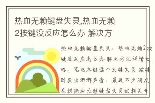 热血无赖键盘失灵,热血无赖2按键没反应怎么办 解决方法详情攻略