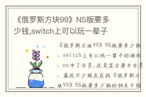 《俄罗斯方块99》NS版要多少钱,switch上可以玩一辈子的游戏