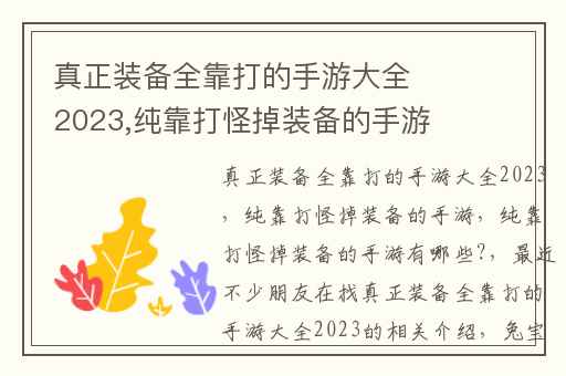 真正装备全靠打的手游大全2023,纯靠打怪掉装备的手游