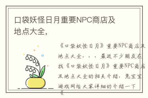 口袋妖怪日月重要NPC商店及地点大全,