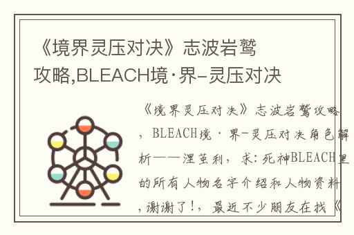 《境界灵压对决》志波岩鹫攻略,BLEACH境·界-灵压对决角色解析——涅茧利