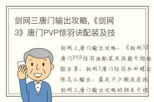 剑网三唐门输出攻略,《剑网3》唐门PVP惊羽诀配装及技能介绍经验分享