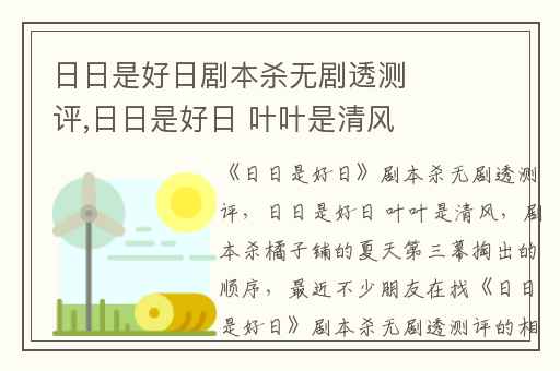 日日是好日剧本杀无剧透测评,日日是好日 叶叶是清风