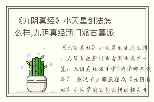《九阴真经》小天星剑法怎么样,九阴真经新门派古墓派武学一览